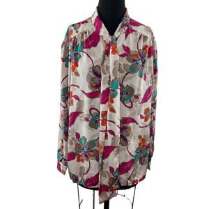 VTG Lady Winn by Teddi Beige Purple Floral Tie-Neck Long Sleeve Blouse Plus 24W